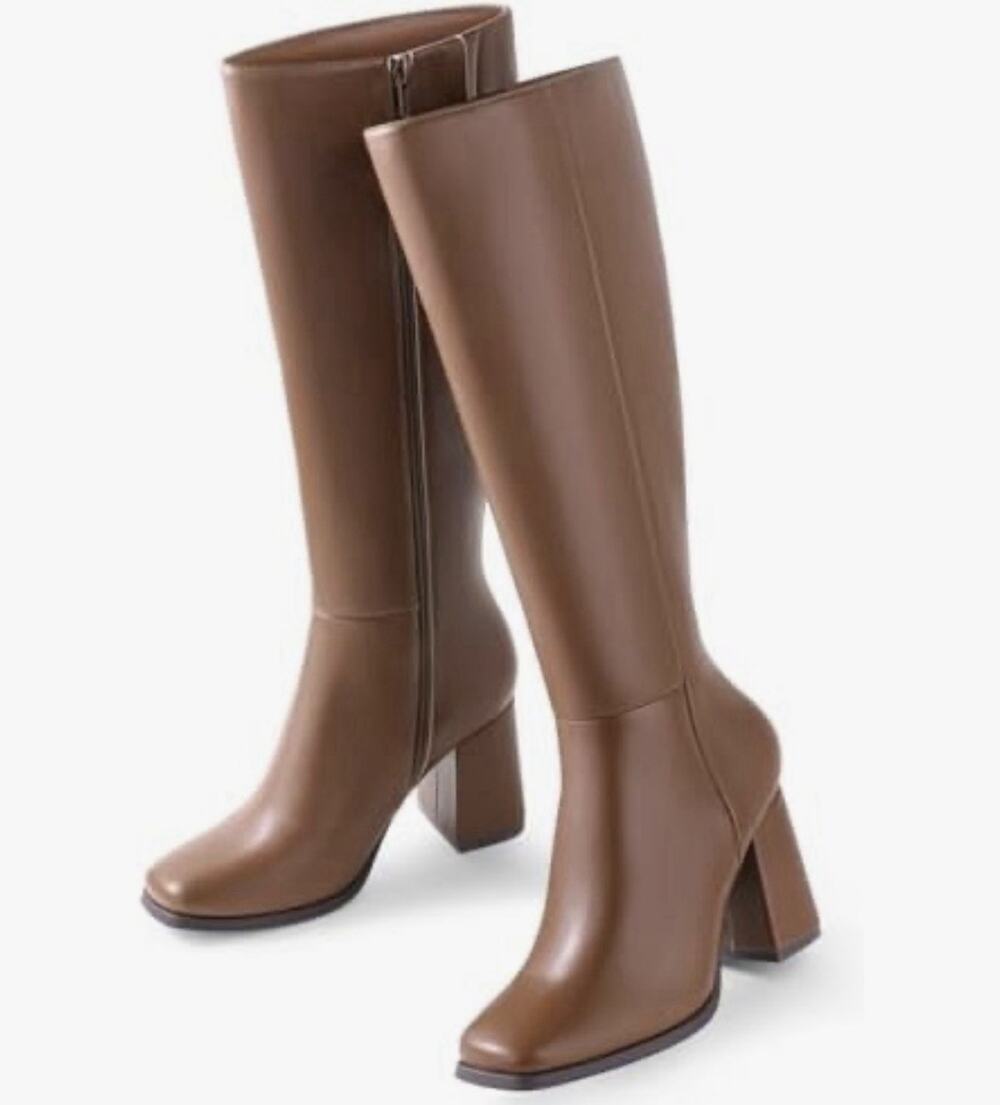Ankis Tall Boots Womens Size 9.5 Brown Faux Leather Square Toe Chunky Heel
